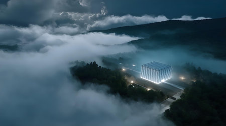Aerial view of a foggy highway in the mountains at night.ai generatedの素材