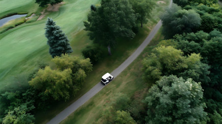 Aerial view of a car driving on the road in the forest.ai generatedの素材