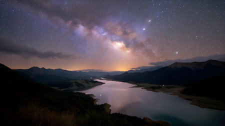 Milky Way over the lake in the mountains with starry sky.ai generatedの素材