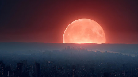 Full moon over the city at night. Conceptual image of lunar eclipse.ai generatedの素材