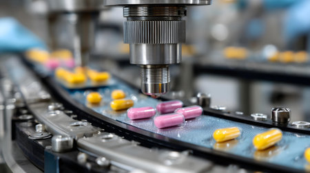 Cables and conveyor belt with pills and capsules. Pharmaceutical industry.ai generatedの素材