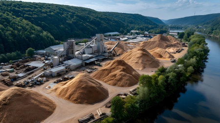 Aerial view of a sand quarry on a sunny summer day.ai generatedの素材