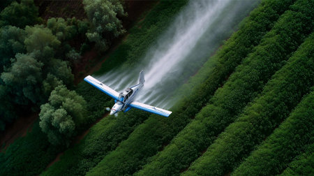 Aerial view of a small airplane flying over the tea plantation.ai generatedの素材
