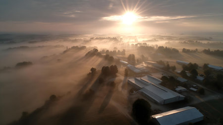 Aerial view of agricultural fields and forests in a fog at sunrise.ai generatedの素材