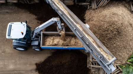 Aerial view of a tractor loading grain into a truck on a farm.ai generatedの素材