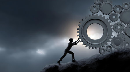 Conceptual image of businessman pushing gear wheel against cloudy sky background.ai generatedの素材
