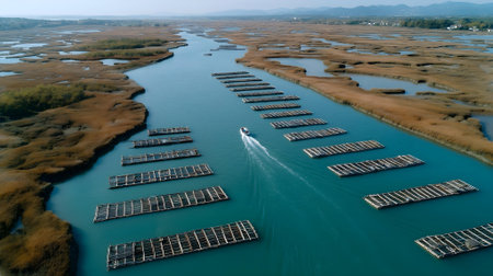 Aerial view of a small river with floating wooden pier .ai generatedの素材