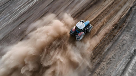 Tractor on the road. Tractor on a dirt road.ai generatedの素材