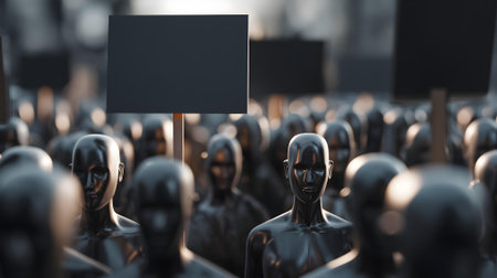 Black and white 3d rendering of a group of people with a placard.ai generatedの素材