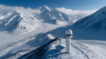 Aerial view of Lighthouse on top of a mountain in winter.ai generatedの素材