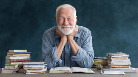 Portrait of a happy senior man sitting at a table with books.ai generatedの素材
