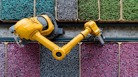 Industrial robot manipulator working on a building wall. Industrial technology concept.ai generatedの素材