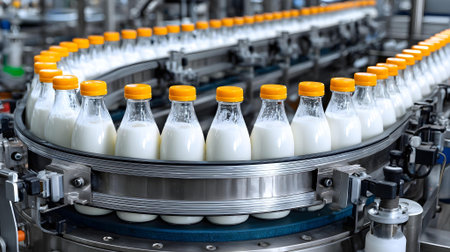 Bottles of milk on a conveyor belt in a dairy factory.ai generatedの素材