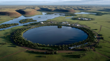 Aerial view of lake in the middle of a green meadow.ai generatedの素材