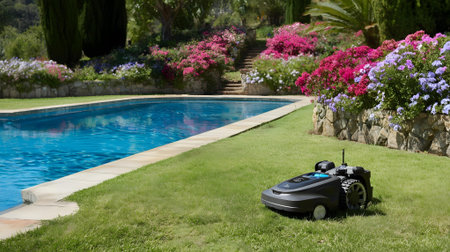 Lawn mower in the garden with a swimming pool in the background.ai generatedの素材