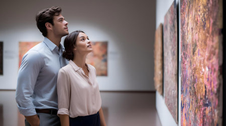 Portrait of young couple looking at paintings in art gallery. Focus on woman.ai generatedの素材