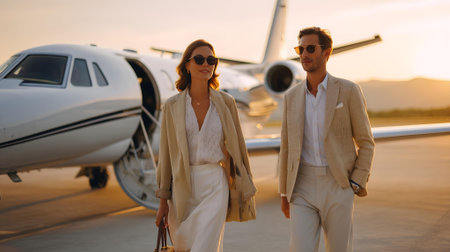 Beautiful young couple walking in front of the plane at the airport.ai generatedの素材