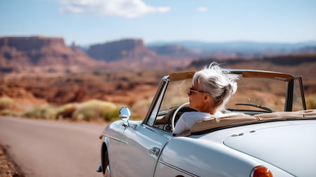 Senior woman driving a convertible car .ai generatedの素材
