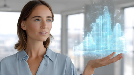 business, technology and people concept - smiling businesswoman with virtual projection over office background.ai generatedの素材