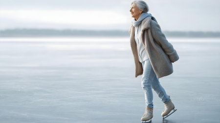 Beautiful senior woman ice skating on frozen lake in winter, wide photo.ai generatedの素材