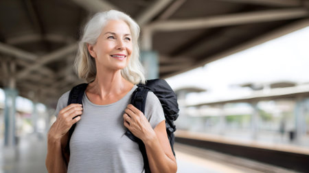 senior woman with backpack at train station. mature woman travel concept.ai generatedの素材