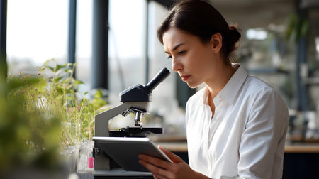 Female scientist using digital tablet in laboratory. Young female scientist working with microscope in modern scientific laboratory. Science and technology concept.ai generatedの素材