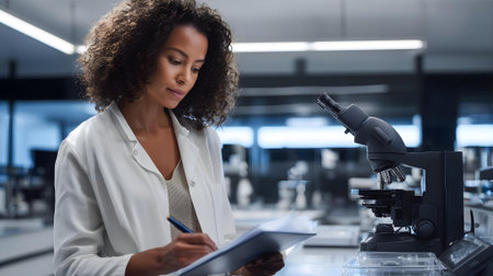african american scientist writing in clipboard while looking at microscope in laboratory.ai generatedの素材