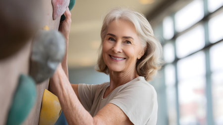 portrait of smiling senior woman climbing wall at modern art therapy center.ai generatedの素材