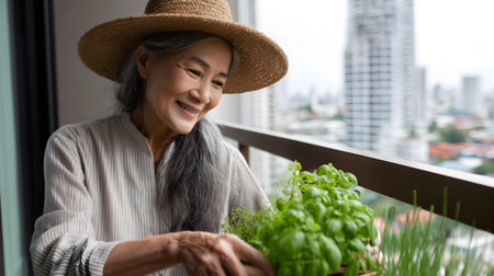 Elderly asian woman wearing straw hat and holding basil seedling.ai generatedの素材