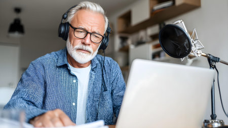 senior man in headphones working at home with laptop computer and microphone.ai generatedの素材