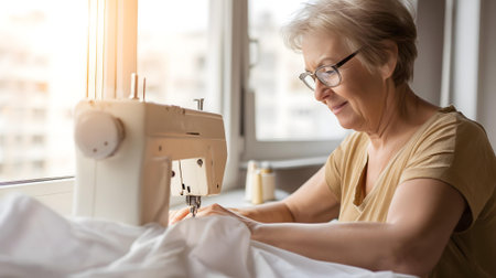Sewing process. Attentive aged woman in eyeglasses working with sewing machine while sitting in bed.ai generatedの素材