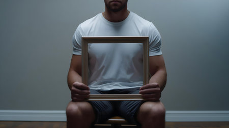 Young man sitting on a chair and holding a frame in his hands.ai generatedの素材