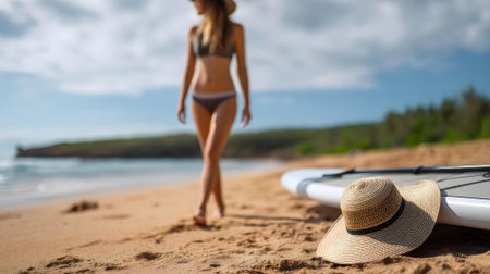 Close up of a woman in swimsuit and hat standing on the beach with a surfboard.ai generatedの素材