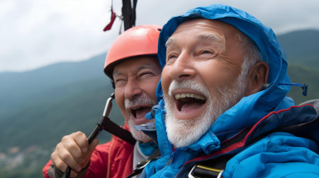 Senior couple of climbers having fun on the top of a mountain.の素材