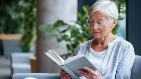 Senior woman reading book while sitting on sofa in living room at home.ai generatedの素材