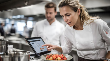 Portrait of a female chef using digital tablet while her colleague working in the background.ai generatedの素材