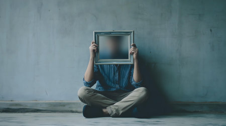 Man sitting on the floor and holding a picture frame in his hand.ai generatedの素材