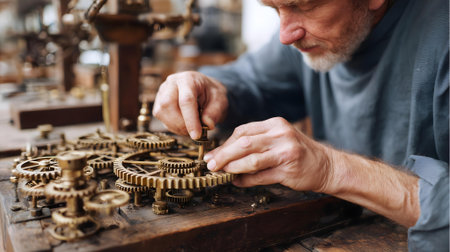 Old craftsman working with gears and cogs at his workshop.ai generatedの素材