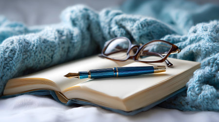 Fountain pen, eyeglasses, book and scarf on the bed.ai generatedの素材