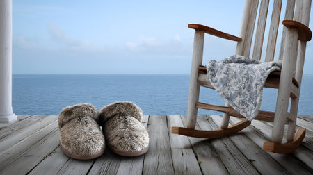 Pair of slippers on wooden deck with seascape background.ai generatedの素材