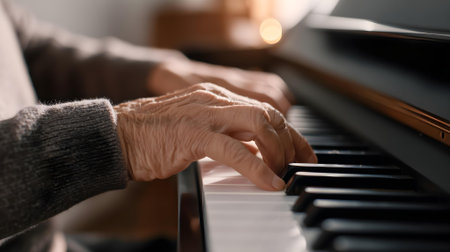 Hands of senior woman playing piano at home, closeup view.ai generatedの素材