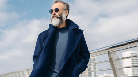 Portrait of a stylish senior man wearing blue coat and sunglasses outdoors.ai generatedの素材