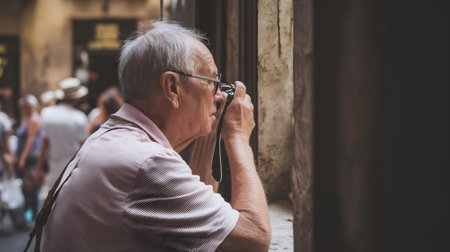 Old man taking a picture in the streets.ai generatedの素材