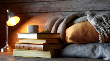 Stack of books and soft plaids on wooden table in room.ai generatedの素材