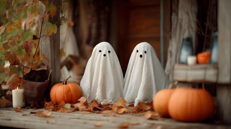Halloween decorations with pumpkins, ghosts, candles and autumn leaves.ai generatedの素材