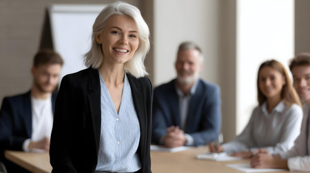Portrait of smiling mature businesswoman looking at camera, standing in office with colleagues in background. Smiling mature businesswoman meeting in office.ai generatedの素材