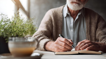 Senior man writing in notebook while sitting at table in cafe, closeup.ai generatedの素材
