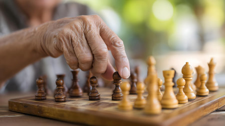 Elderly woman playing chess at home, Selective focus.ai generatedの素材