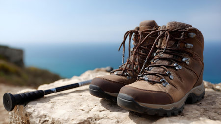 Hiking boots and trekking poles on the rock with sea in the background.ai generatedの素材