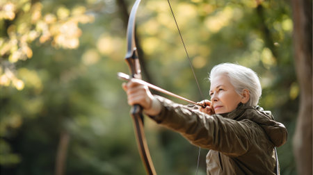 senior woman with bow and arrow aiming archery in autumn park.ai generatedの素材